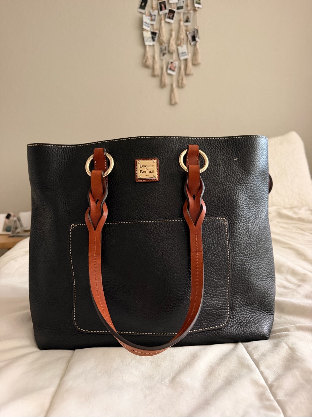 Dooney & Bourke Black Leather Tote with Tan Braided Straps